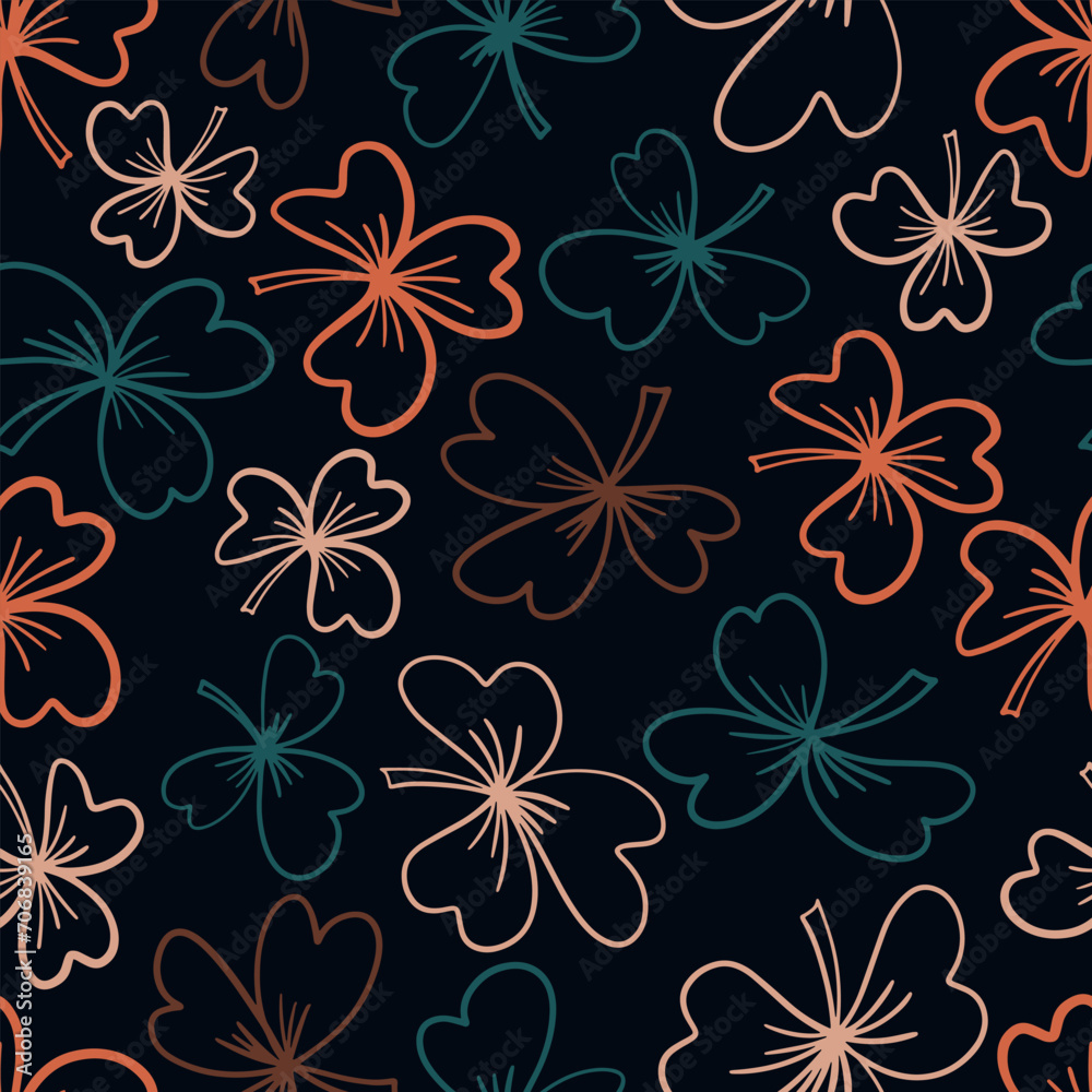 Clover leaves. Hand-drawn graphics. Color seamless patterns for fabric and packaging design.