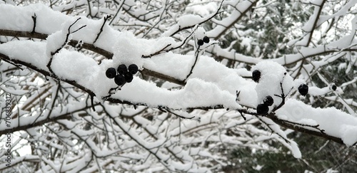 함박눈이 내리는 겨울, 흰눈과 검은 열매와 나뭇가지 - Snow, nature, and winter scenery