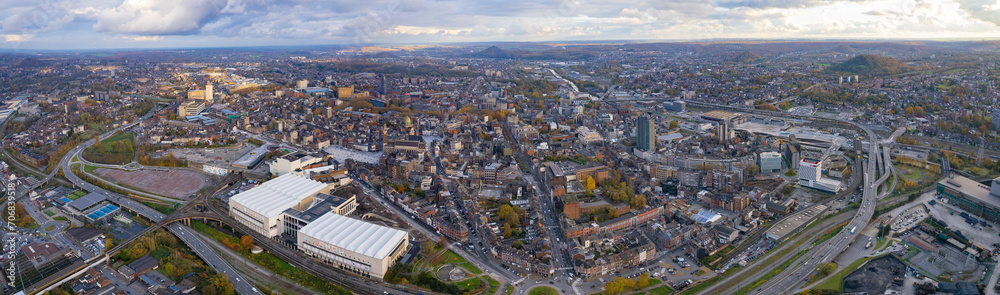 Aerial view of the old town of Charleroi on a cloudy day in late autumn.	