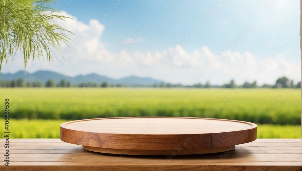 wooden podium for product presentation with blurry rice field background wooden podium for product presentation with blurry rice field background