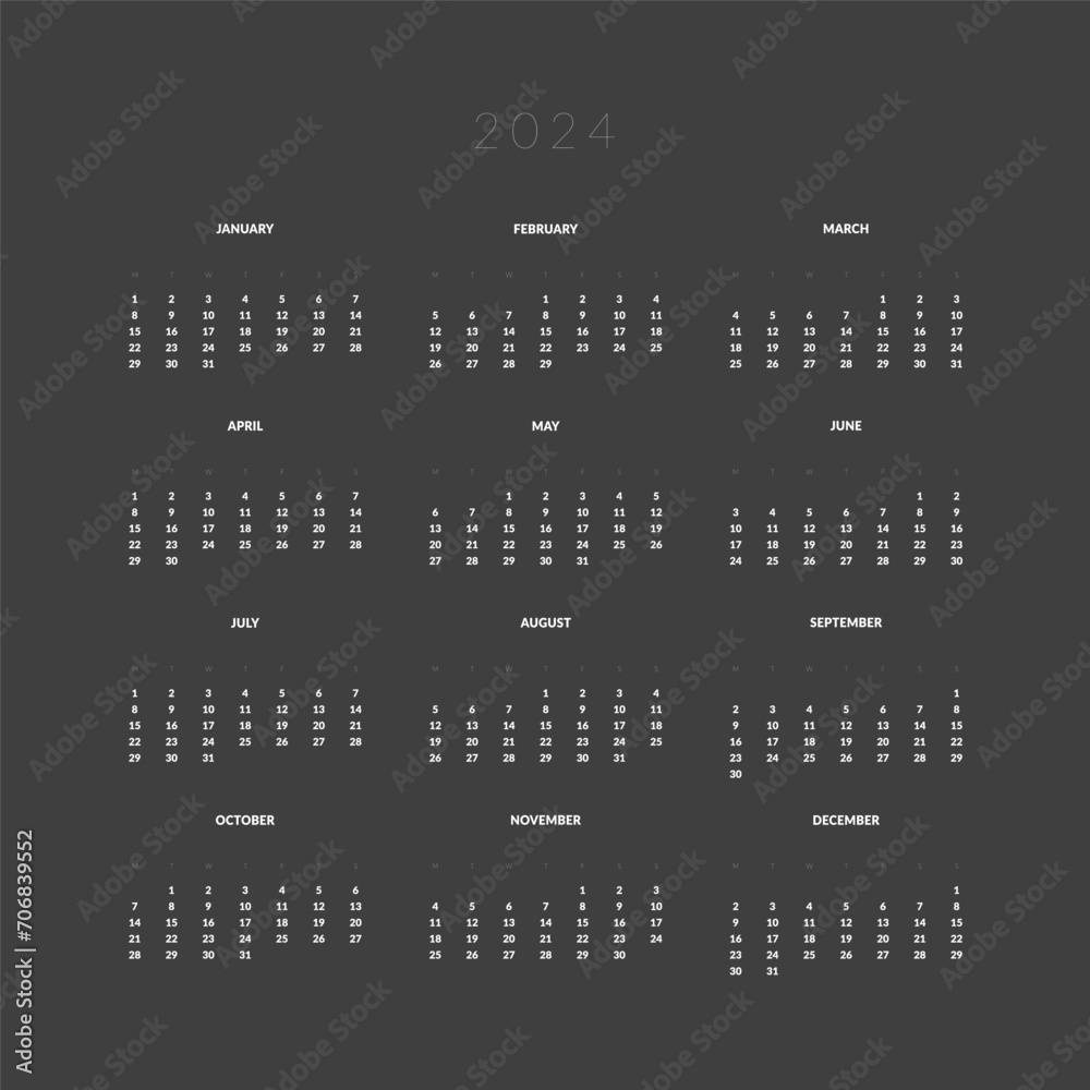 2024 Annual Calendar template in Square shape. Vector layout of a wall or desk simple calendar with week start Monday. Calendar design in dark color for print 2024 Annual Calendar template in Square shape. Vector layout of a wall or desk simple calendar with week start Monday. Calendar design in dark color for print