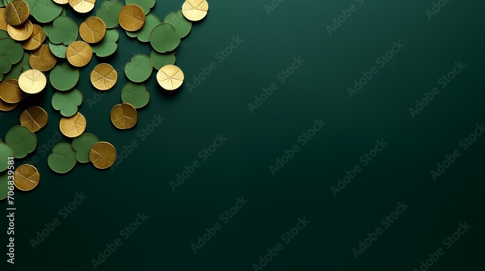Happy St. Paddy's Day.  St. Patrick's day banner with gold coins, glitter and shamrock clover leaves. Minimalist design - obrazy, fototapety, plakaty 