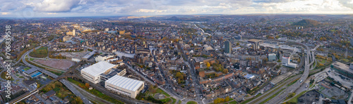 Aerial view of the old town of Charleroi on a cloudy day in late autumn. 