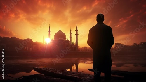 concept of religion islam . silhouette of man praying. beautiful mosque in sunset. seamless looping overlay 4k virtual video animation background  photo