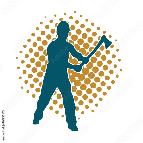 Silhouette of a worker in action pose using his axe tool.