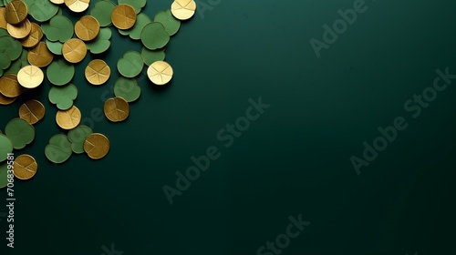 Happy St. Paddy's Day. St. Patrick's day banner with gold coins, glitter and shamrock clover leaves. Minimalist design