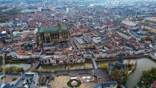 Aerial view of the old town of Metz on a cloudy morning in later autumn. 