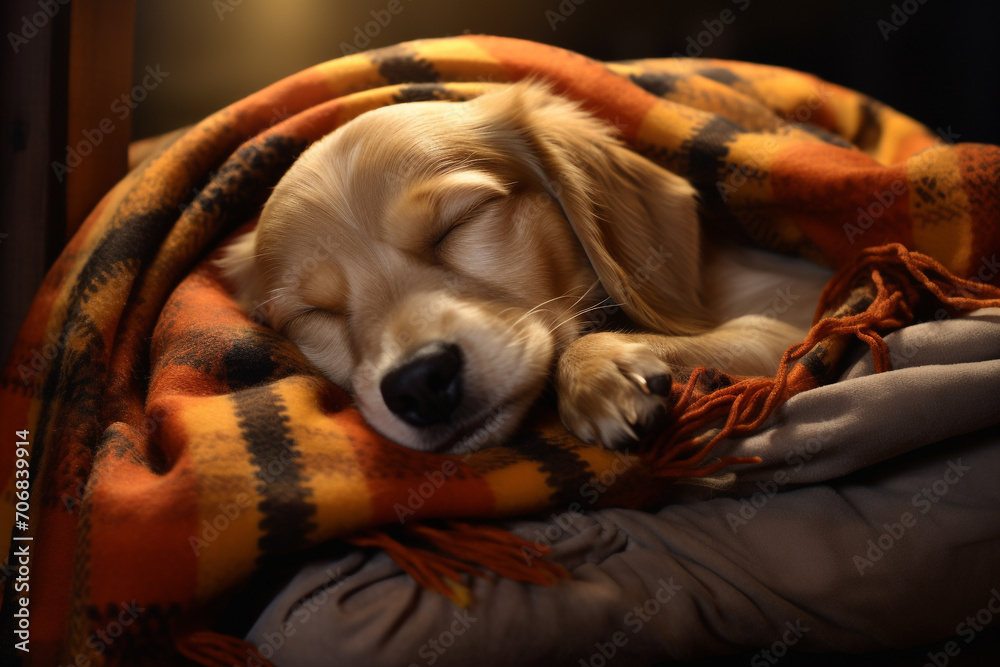 Dog sleeping in warm blanket in winter season