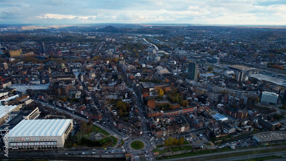 Aerial view of the old town of Charleroi on a cloudy day in late autumn.	