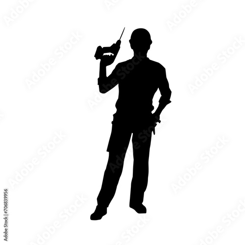 Silhouette of man in construction worker costume carrying drill power tool. Silhouette of construction worker male in action pose with power tool driller. 