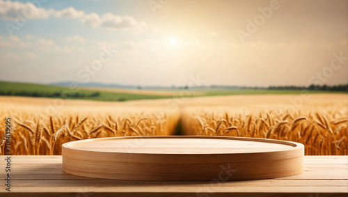 wooden podium for product presentation on blurry wheat field background