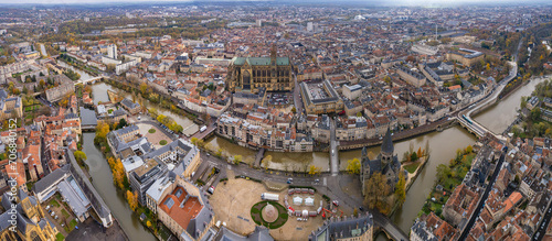 Aerial view of the old town of Namur on a cloudy day in late autumn. 