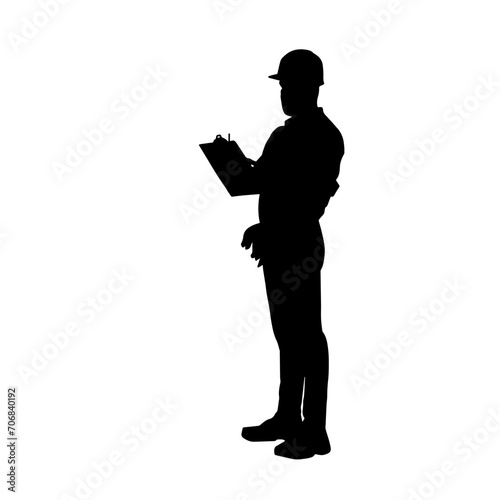 Silhouette of man in construction worker costume. Silhouette of construction worker male in pose. 
