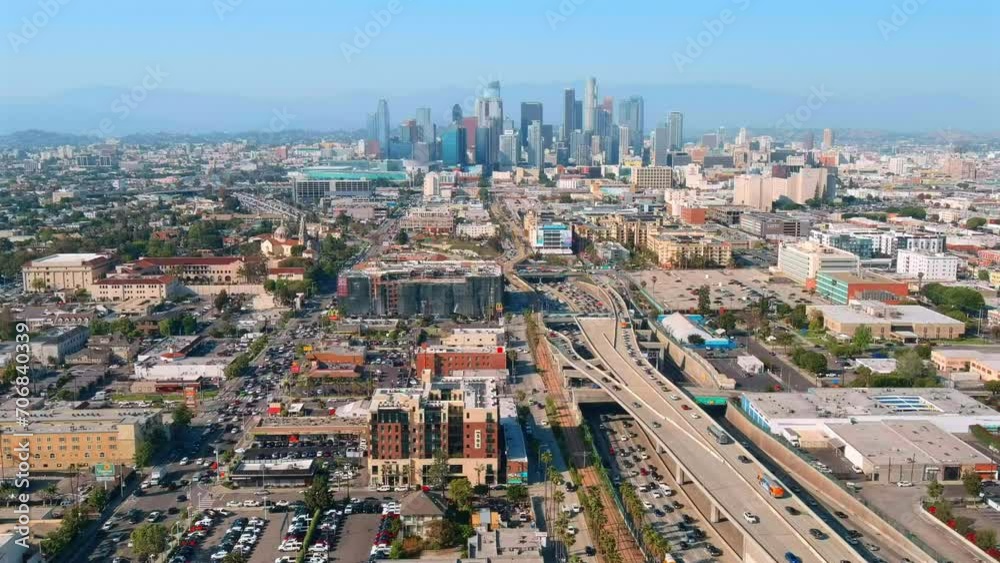 Downtown Los Angeles with residential buildings and business skyscrapers, establishing cityscape, sunny day Downtown Los Angeles with residential buildings and business skyscrapers, establishing cityscape, sunny day