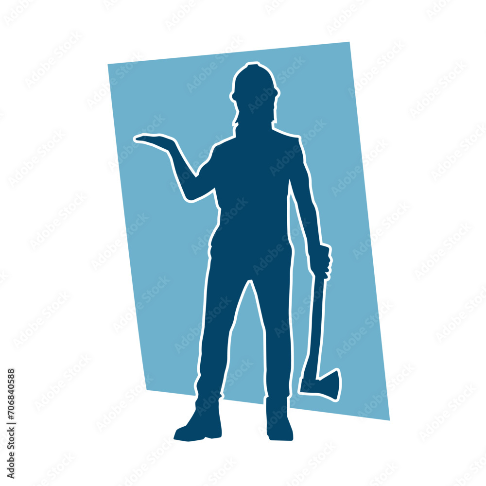 Fototapeta premium Silhouette of a worker in action pose using his axe tool.