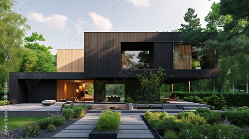 Modern luxury minimalist cubic house, villa with wooden cladding and black panel walls and landscaping design front yard. Residential architecture exterior © Jennifer