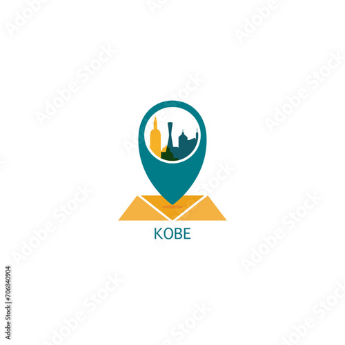 Kobe city map pin point geolocation modern skyline vector logo icon isolated illustration. Japan pointer emblem with landmarks and building silhouettes
