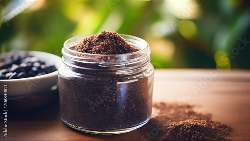 Closeup of a glass jar filled with homemade body scrub, made from ethically sourced coffee grounds and sugar. photo