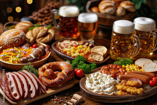 Bavarian delights featuring hearty portions of sausages  pretzels and delectable schnitzel
