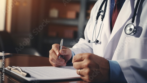 doctor consulting a patient with several medical records photo