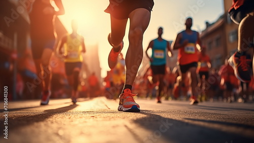 Running marathon in urban, Olympic game with Generative AI photo