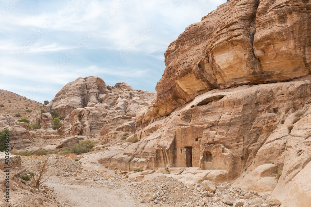 One of first burials from time of Nabataean kingdom in capital of Nabatean kingdom Petra at the beginning of the tourist route in Wadi Musa city in Jordan