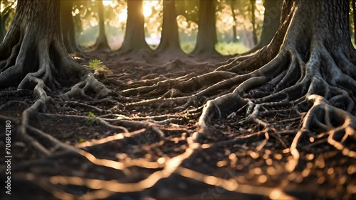 Closeup of a network of roots intertwined in the ground, showcasing the intricate and essential role trees play in maintaining healthy ecosystems. photo