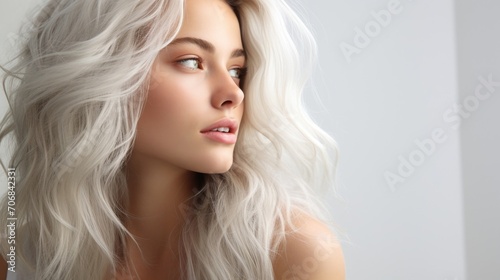 Side view portrait of beautiful woman with long blonde hair and copy space for your text