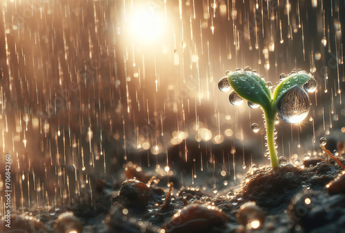 plant new newborn from the soil rain raindorps in the spirng - ai generated photo