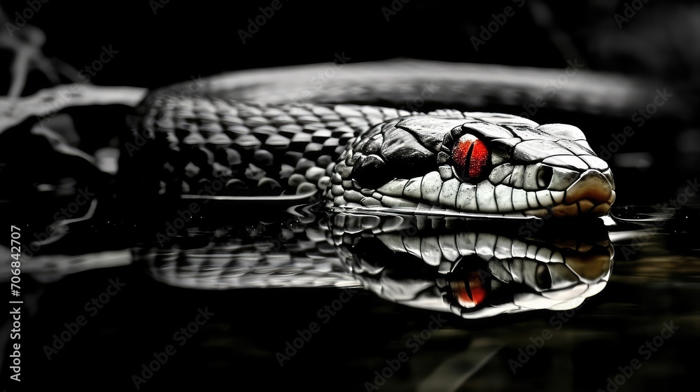 Fototapeta premium A black snake on a black background. Reptile.