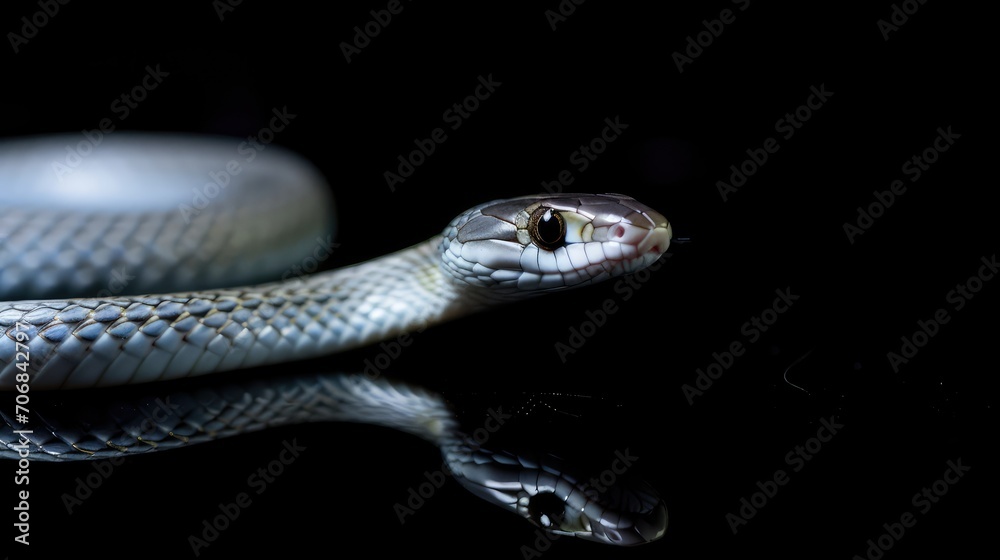 Fototapeta premium A black snake on a black background. Reptile.