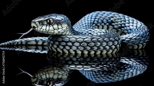 A black snake on a black background. Reptile.