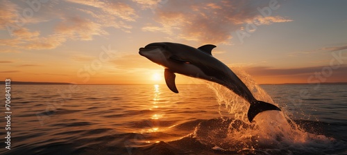 Energetic dolphin gracefully leaping out of the water with a stunning vibrant sunset as the backdrop © Paulkot