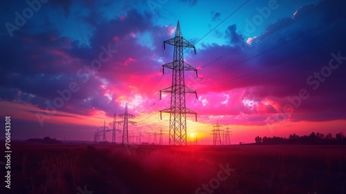 High power electricity poles on technology abstract background.