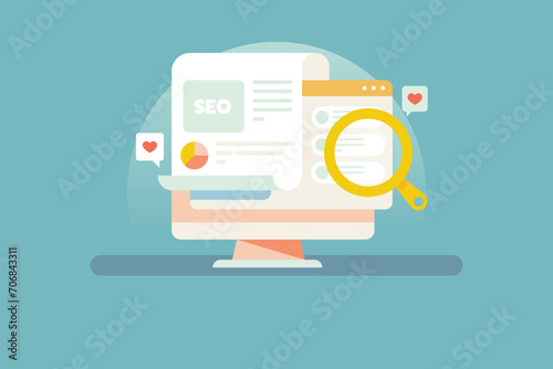 Content research, development and optimization for EBusiness website SEO, conceptual vector illustration.