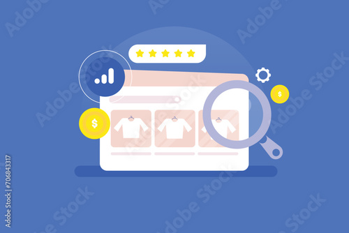 Ecommerce product listing and search optimization business technology concept, vector illustration.