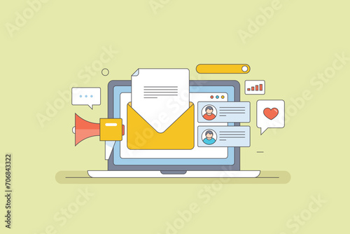 Send marketing message via electronic mail, subscribe to newsletter, business promotion with email marketing service, filled outline vector illustration.