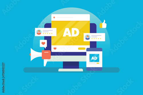 Social media ad sponsored post on computer and mobile screen, digital advertising service conceptual vector illustration. photo