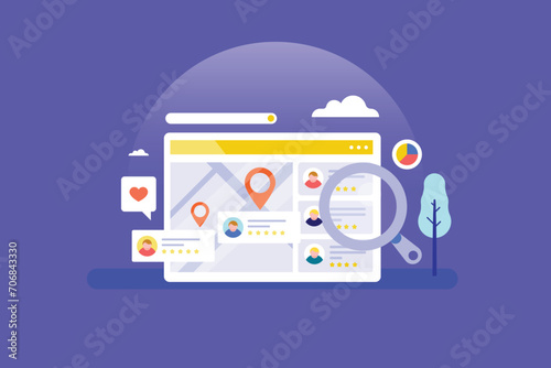 Search engine business listing, map location and customer review on internet, e-business retail and service solution technology vector illustration concept.