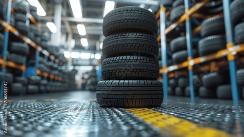 Stack of new car tires in an organized warehouse ready for shipment. photo
