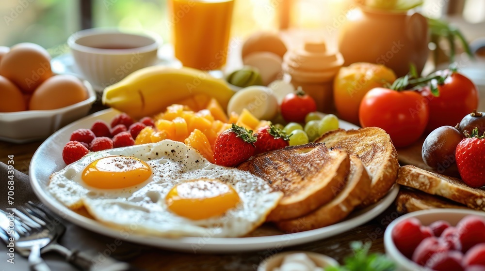 Hearty and colorful breakfast with sunny-side-up eggs and fresh fruits.