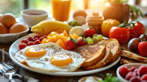Hearty and colorful breakfast with sunny-side-up eggs and fresh fruits.