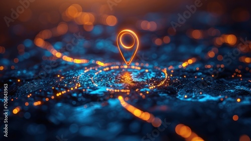 Digital concept of a location marked with a glowing GPS pin on an interactive map. photo