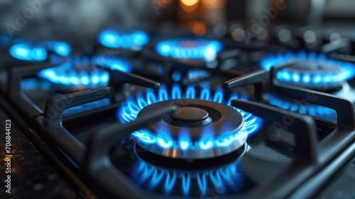 Modern stove top with blue flames emitting from the burner. photo