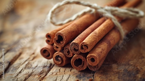 Aromatic cinnamon sticks bundled together with natural twine on a wooden surface.