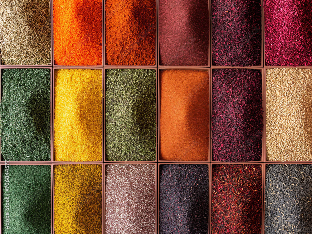 Fototapeta premium Rooibos Tea Flavor Palette. Display a variety of Rooibos tea bags or loose leaves in vibrant colors.