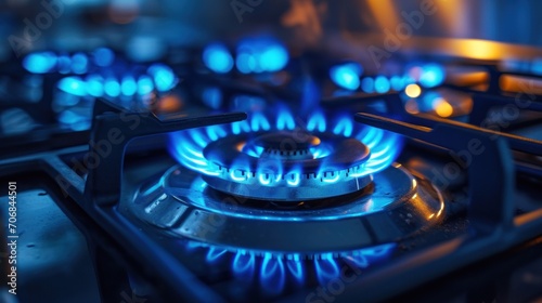 Modern stove top with blue flames emitting from the burner.