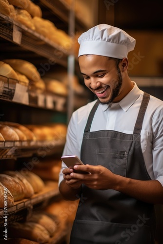 Young baker with mobile phone at his workplace