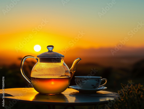 Rooibos Tea Sunset Elegance Present a Rooibos tea set against the backdrop of a South African sunset.