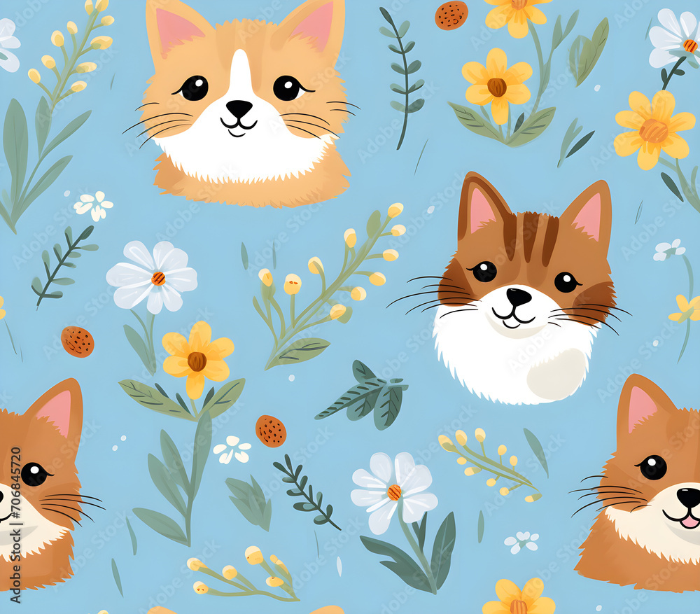 seamless pattern with cats and dogs and flowers seamless pattern with cats and dogs and flowers